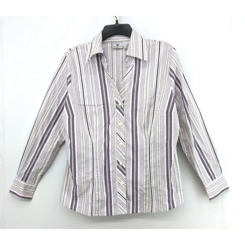 Worthington Dress Shirt Women Size 12 Purple White Pinstripe Collared Button Up